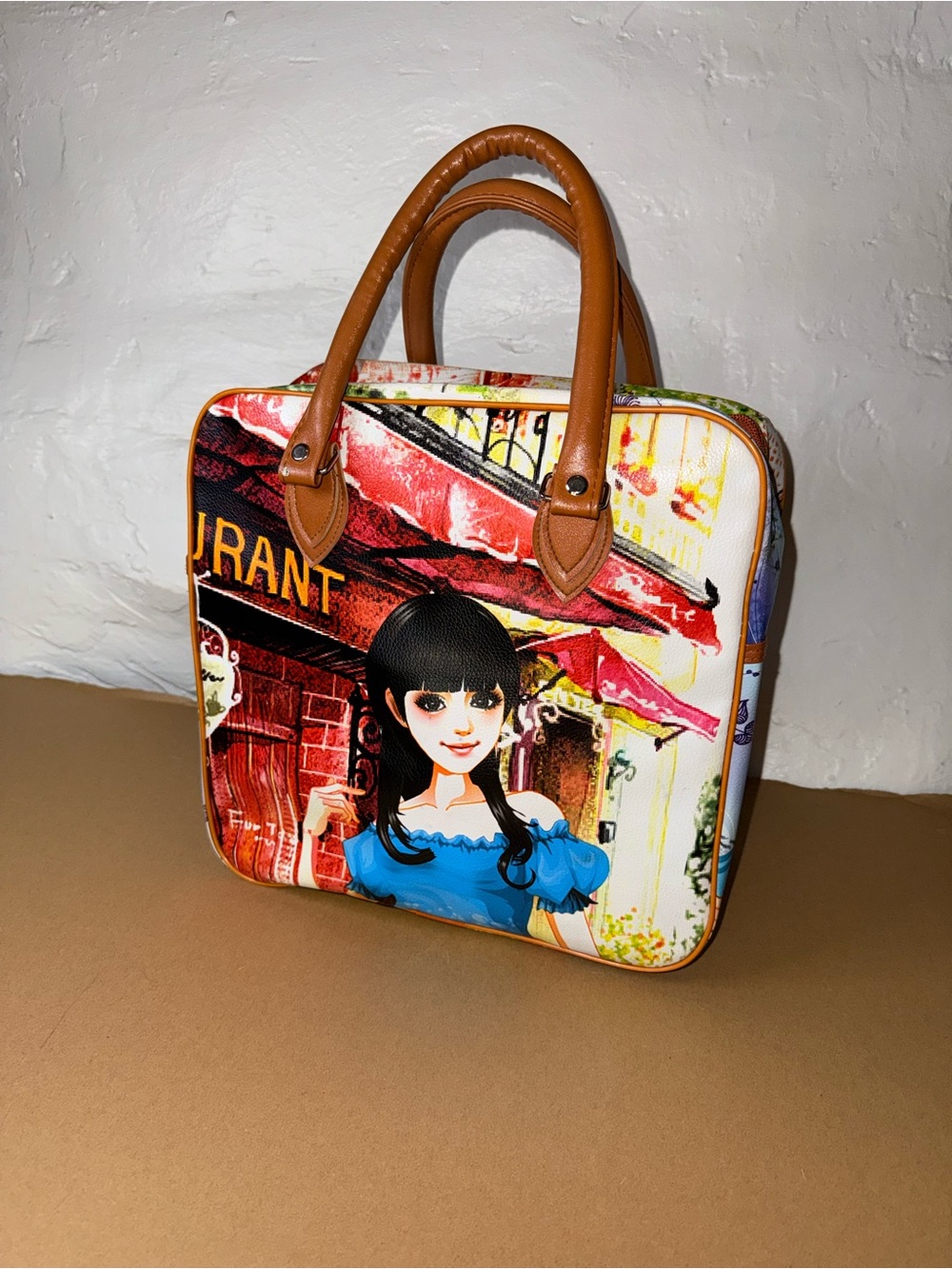 Illustrated Satchel Tote with Brown Handles in Multicolor and Blue